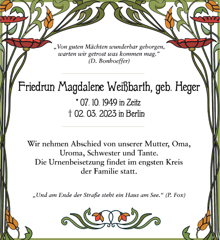  Traueranzeige für Friedrun Magdalene Weißbarth vom 18.03.2023 aus Berliner Zeitung