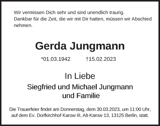Traueranzeige von Gerda Jungmann von Berliner Zeitung