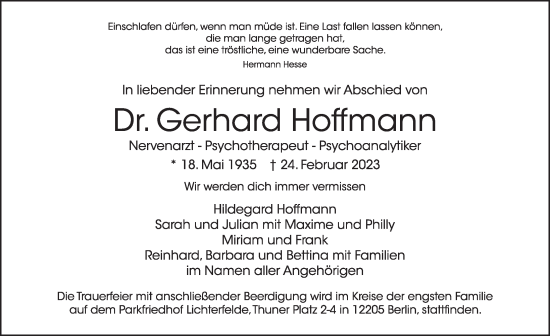 Traueranzeige von Gerhard Hoffmann von Berliner Zeitung