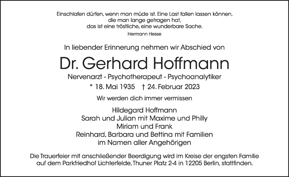  Traueranzeige für Gerhard Hoffmann vom 04.03.2023 aus Berliner Zeitung