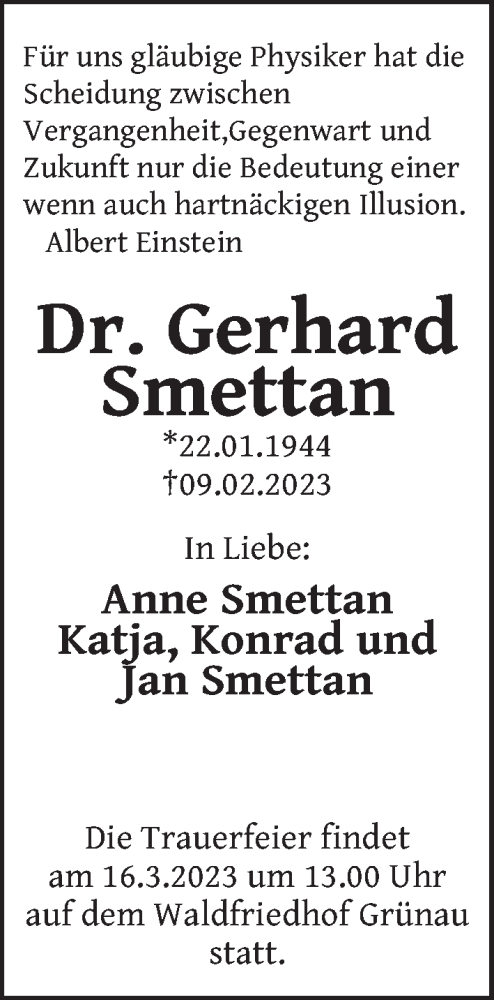 Traueranzeige von Gerhard Smettan von Berliner Zeitung