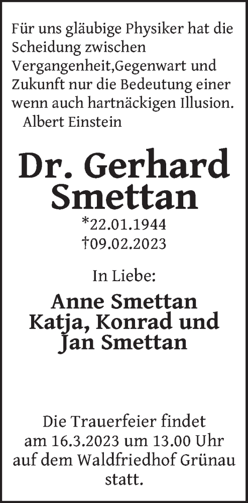  Traueranzeige für Gerhard Smettan vom 11.03.2023 aus Berliner Zeitung