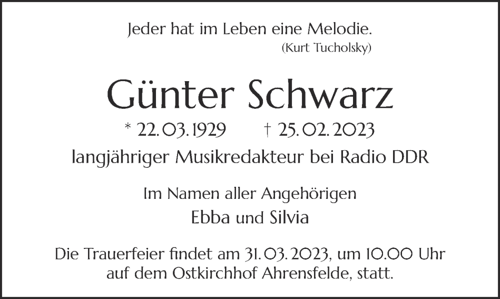  Traueranzeige für Günter Schwarz vom 18.03.2023 aus Berliner Zeitung