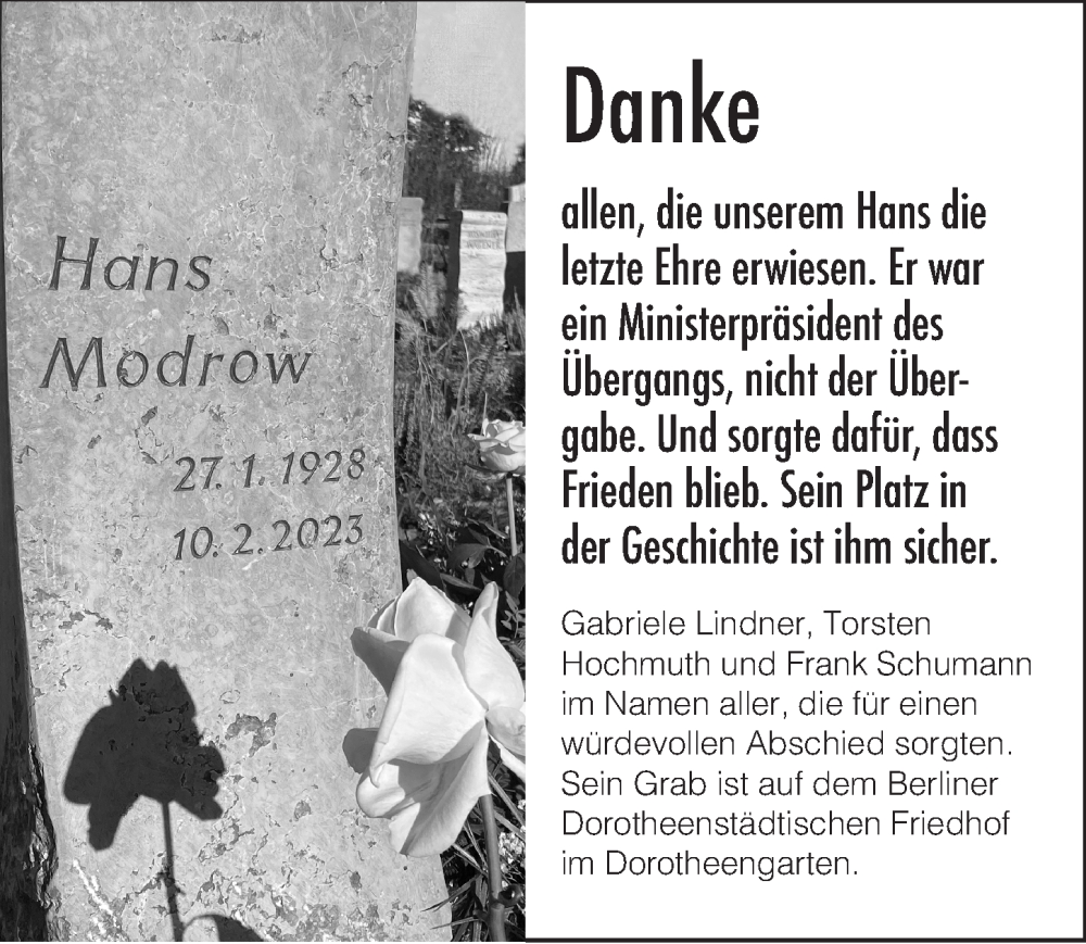  Traueranzeige für Hans Modrow vom 25.03.2023 aus Berliner Zeitung