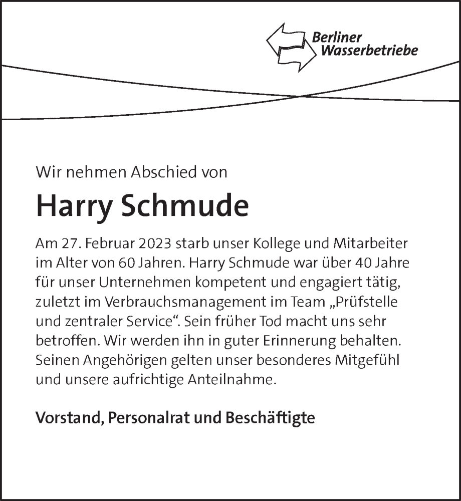  Traueranzeige für Harry Schmude vom 11.03.2023 aus Berliner Zeitung