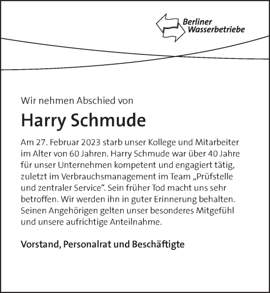 Traueranzeige von Harry Schmude von Berliner Zeitung