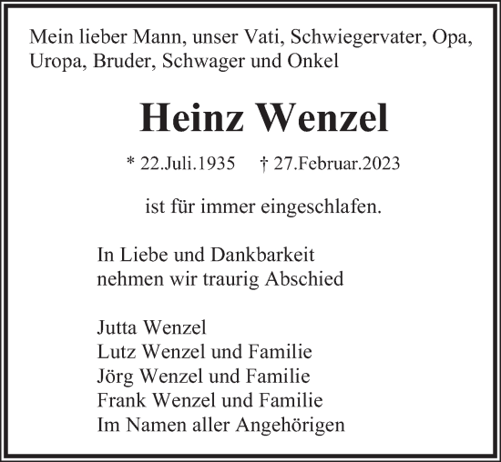 Traueranzeige von Heinz Wenzel von Berliner Zeitung