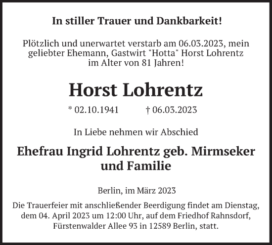 Traueranzeige von Horst Lohrentz von Berliner Zeitung