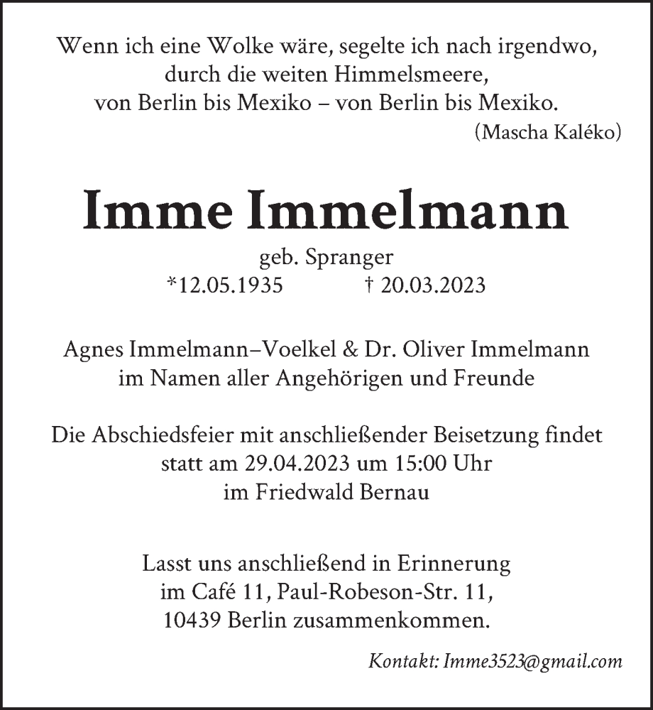  Traueranzeige für Imme Immelmann vom 01.04.2023 aus Berliner Zeitung