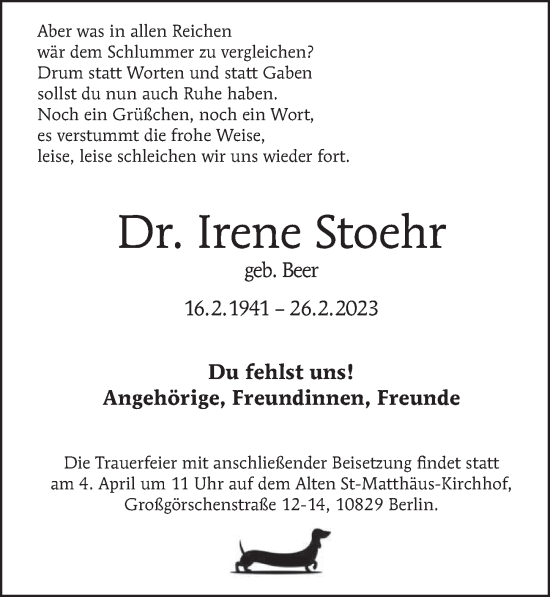 Traueranzeige von Irene Stoehr von Berliner Zeitung