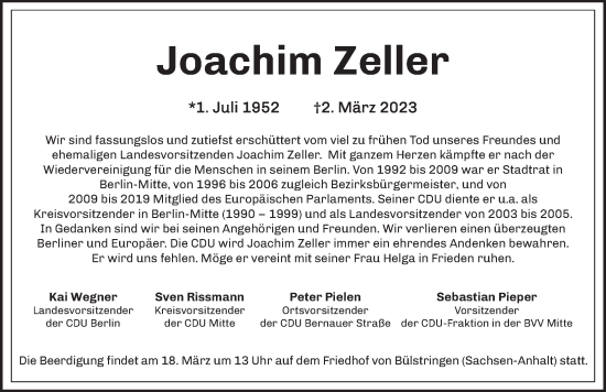Traueranzeige von Joachim Zeller von Berliner Zeitung