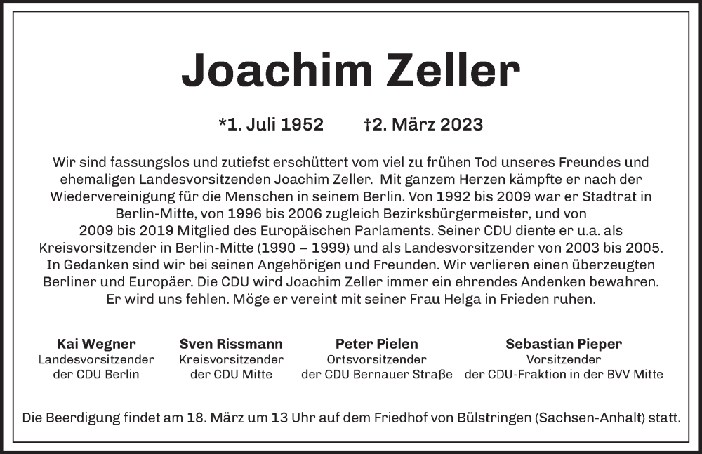  Traueranzeige für Joachim Zeller vom 11.03.2023 aus Berliner Zeitung