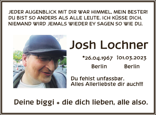 Traueranzeige von Josh Lochner von Berliner Zeitung