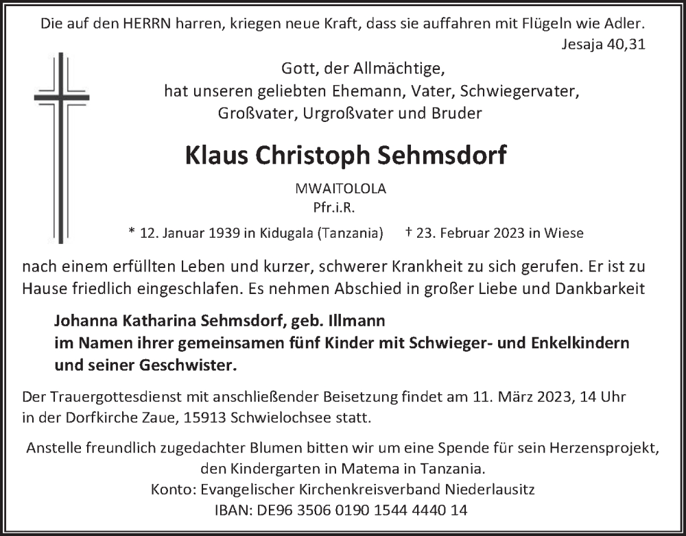  Traueranzeige für Klaus Christoph Sehmsdorf vom 04.03.2023 aus Berliner Zeitung