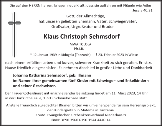 Traueranzeige von Klaus Christoph Sehmsdorf von Berliner Zeitung