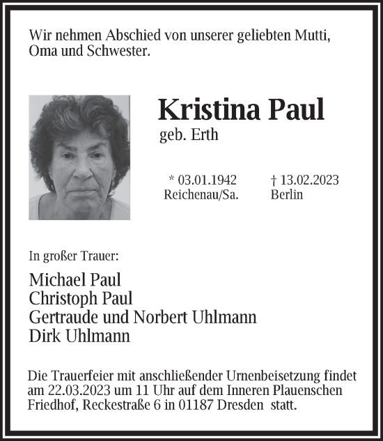 Traueranzeige von Kristina Paul von Berliner Zeitung