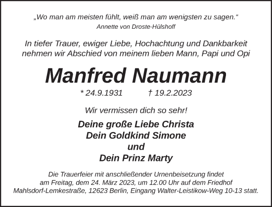 Traueranzeige von Manfred Naumann von Berliner Zeitung