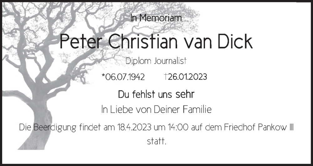  Traueranzeige für Peter Christian  van Dick vom 18.03.2023 aus Berliner Kurier