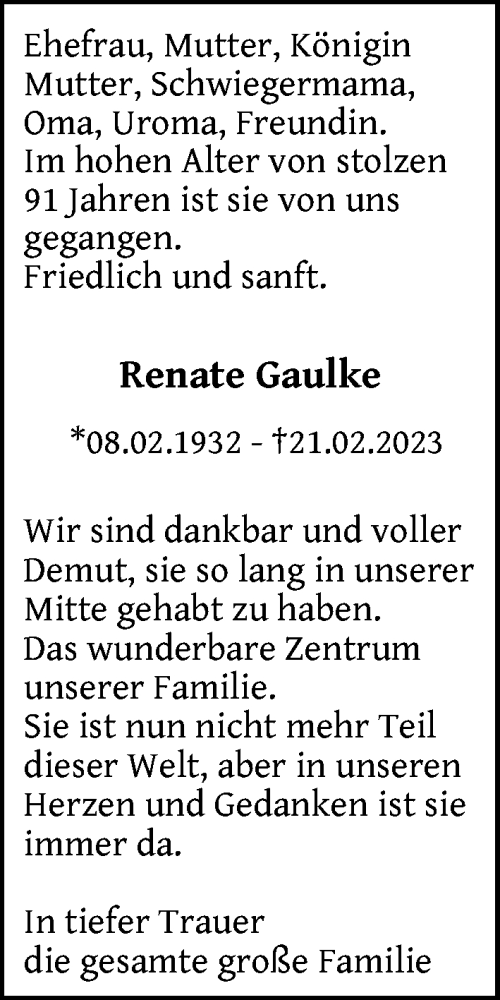  Traueranzeige für Renate Gaulke vom 11.03.2023 aus Berliner Zeitung