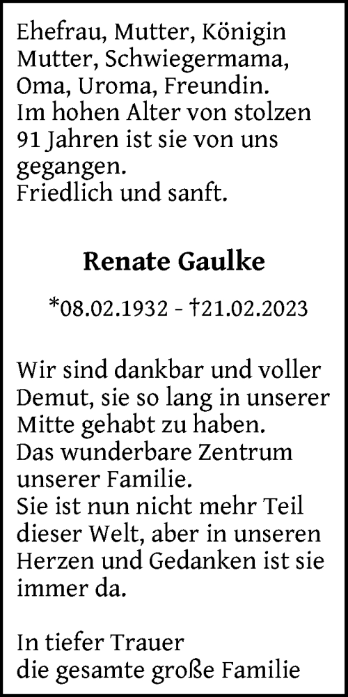 Traueranzeige von Renate Gaulke von Berliner Zeitung