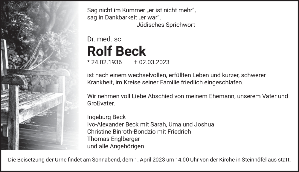  Traueranzeige für Rolf Beck vom 11.03.2023 aus Berliner Zeitung