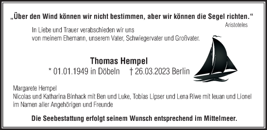 Traueranzeige von Thomas Hempel von Berliner Zeitung