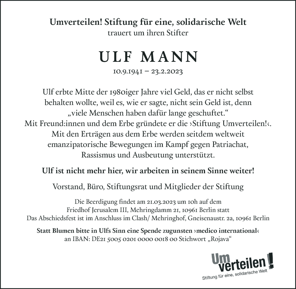  Traueranzeige für Ulf Mann vom 11.03.2023 aus Berliner Zeitung