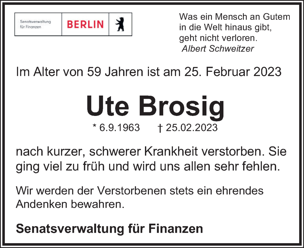  Traueranzeige für Ute Brosig vom 18.03.2023 aus Berliner Zeitung