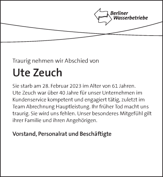 Traueranzeige von Ute Zeuch von Berliner Zeitung