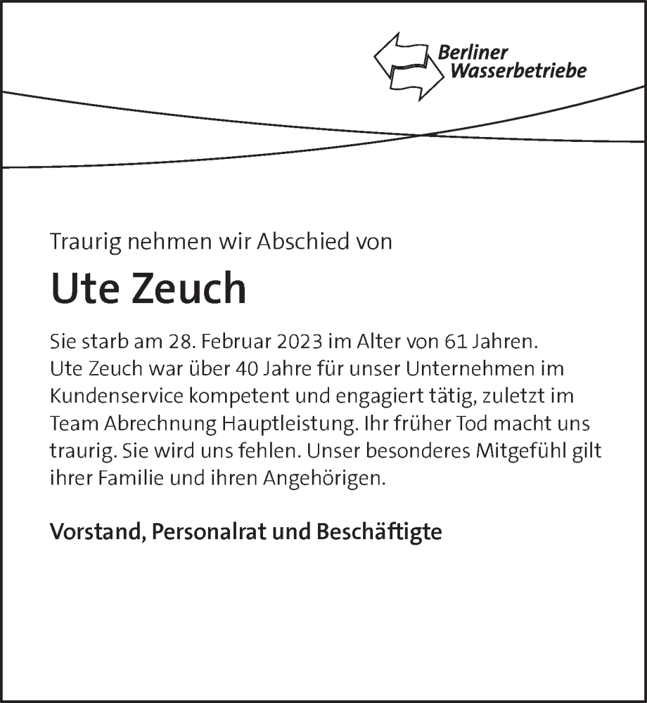  Traueranzeige für Ute Zeuch vom 18.03.2023 aus Berliner Zeitung