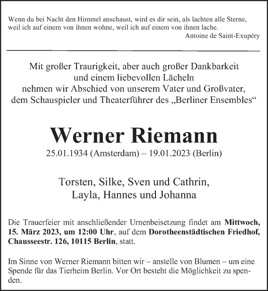 Traueranzeige von Werner Riemann von Berliner Zeitung