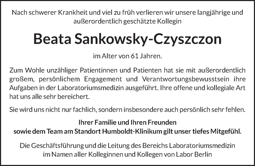  Traueranzeige für Beata Sankowsky-Czyszczon vom 22.04.2023 aus Berliner Zeitung