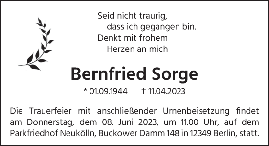 Traueranzeige von Bernfried Sorge von Berliner Zeitung