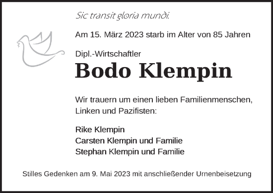 Traueranzeige von Bodo Klempin von Berliner Zeitung