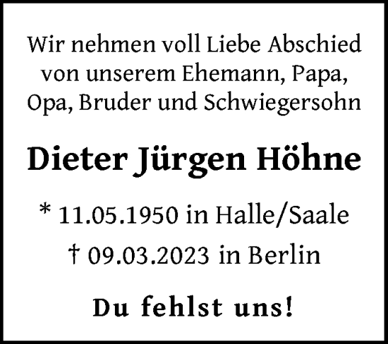 Traueranzeige von Dieter Jürgen Höhne von Berliner Zeitung