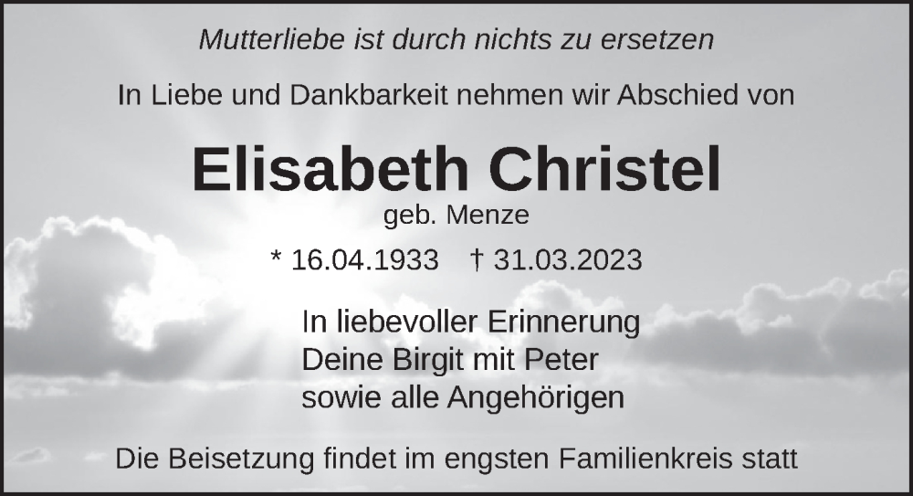  Traueranzeige für Elisabeth Christel vom 14.04.2023 aus Berliner Kurier