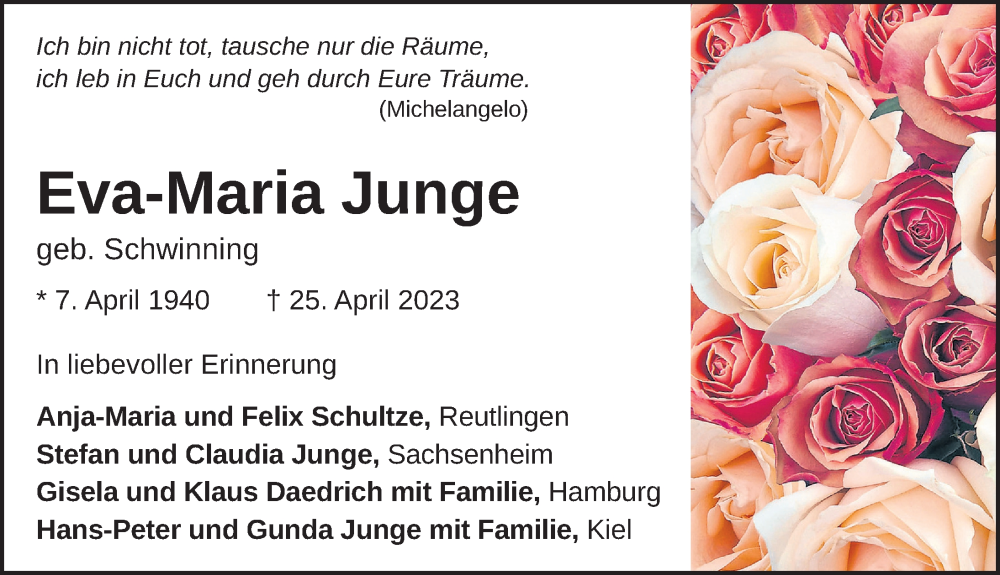  Traueranzeige für Eva-Maria Junge vom 29.04.2023 aus Berliner Zeitung