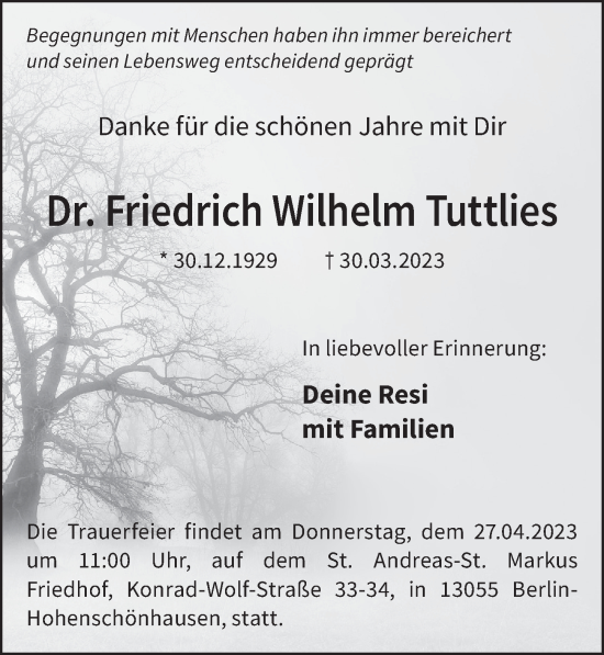 Traueranzeige von Friedrich Wilhelm Tuttlies von Berliner Zeitung