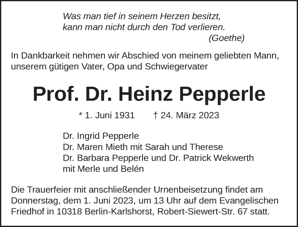  Traueranzeige für Heinz Pepperle vom 15.04.2023 aus Berliner Zeitung