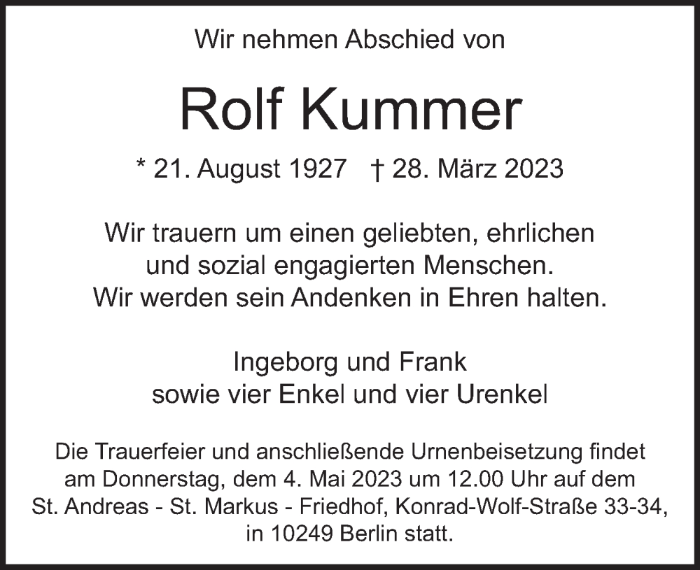  Traueranzeige für Rolf Kummer vom 22.04.2023 aus Berliner Zeitung