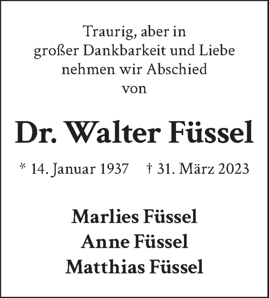  Traueranzeige für Walter Füssel vom 15.04.2023 aus Berliner Zeitung