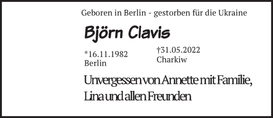 Traueranzeige von Björn Clavis von Berliner Zeitung