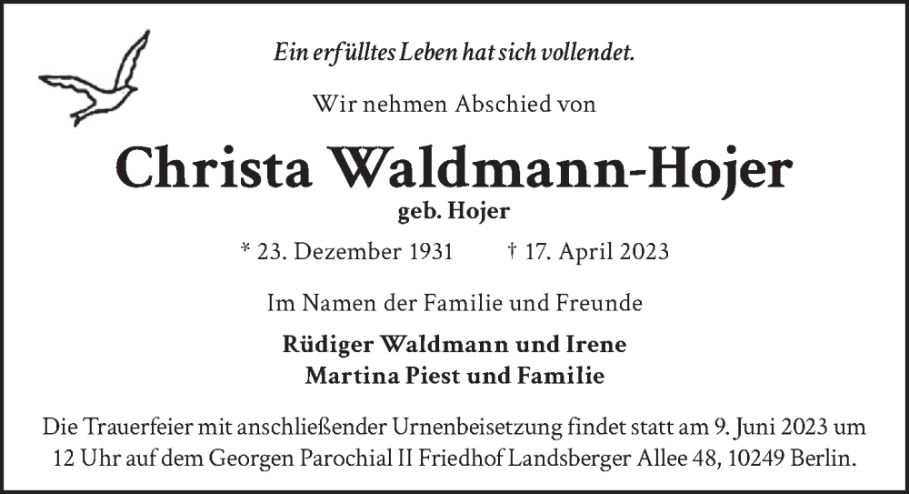 Traueranzeige für Christa Waldmann-Hojer vom 27.05.2023 aus Berliner Zeitung