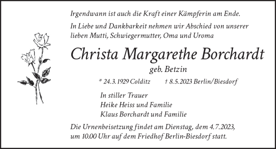 Traueranzeige von Christa Margarethe Borchardt von Berliner Zeitung