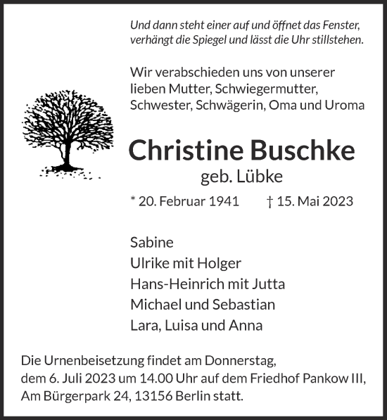 Traueranzeige von Christine Buschke von Berliner Zeitung