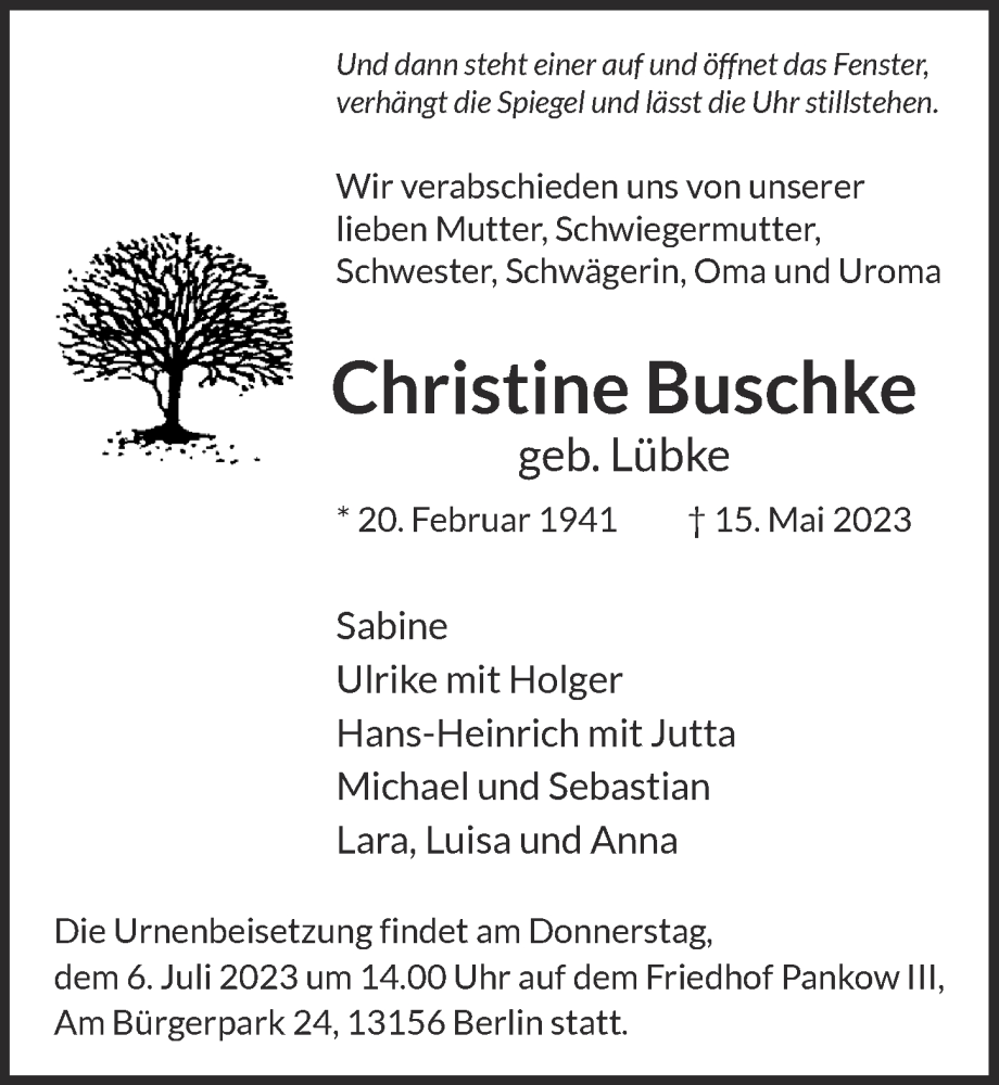  Traueranzeige für Christine Buschke vom 20.05.2023 aus Berliner Zeitung