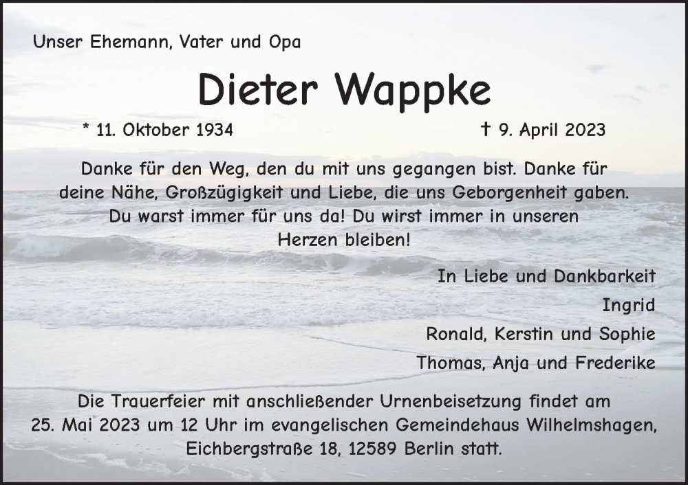  Traueranzeige für Dieter Wappke vom 06.05.2023 aus Berliner Zeitung