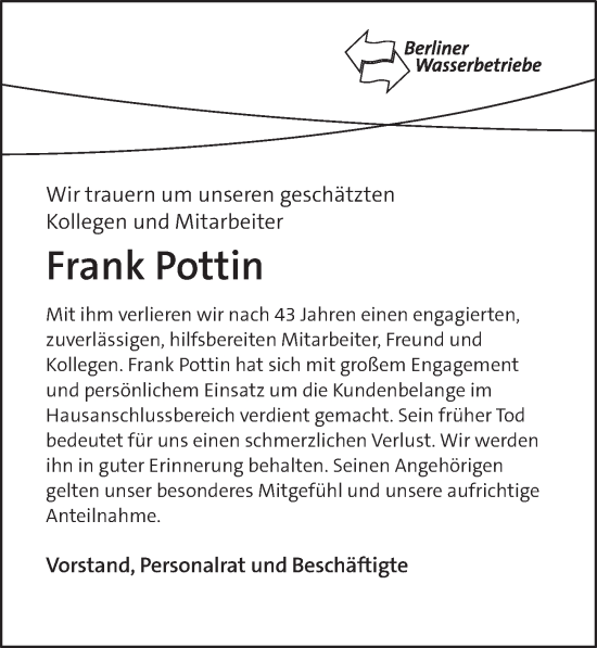 Traueranzeige von Frank Pottin von Berliner Zeitung