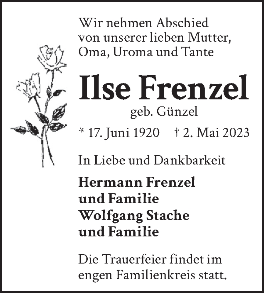  Traueranzeige für Ilse Frenzel vom 20.05.2023 aus Berliner Zeitung