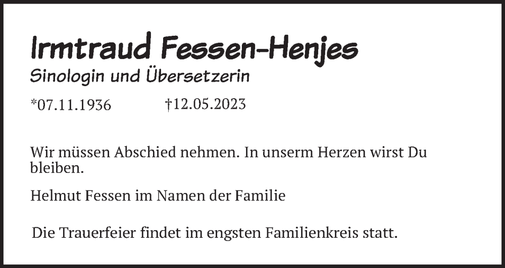  Traueranzeige für Irmtraud Fessen-Henjes vom 24.05.2023 aus Berliner Zeitung